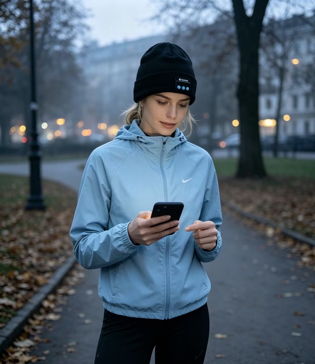 Man wearing black wireless bluetooth beanie outdoors