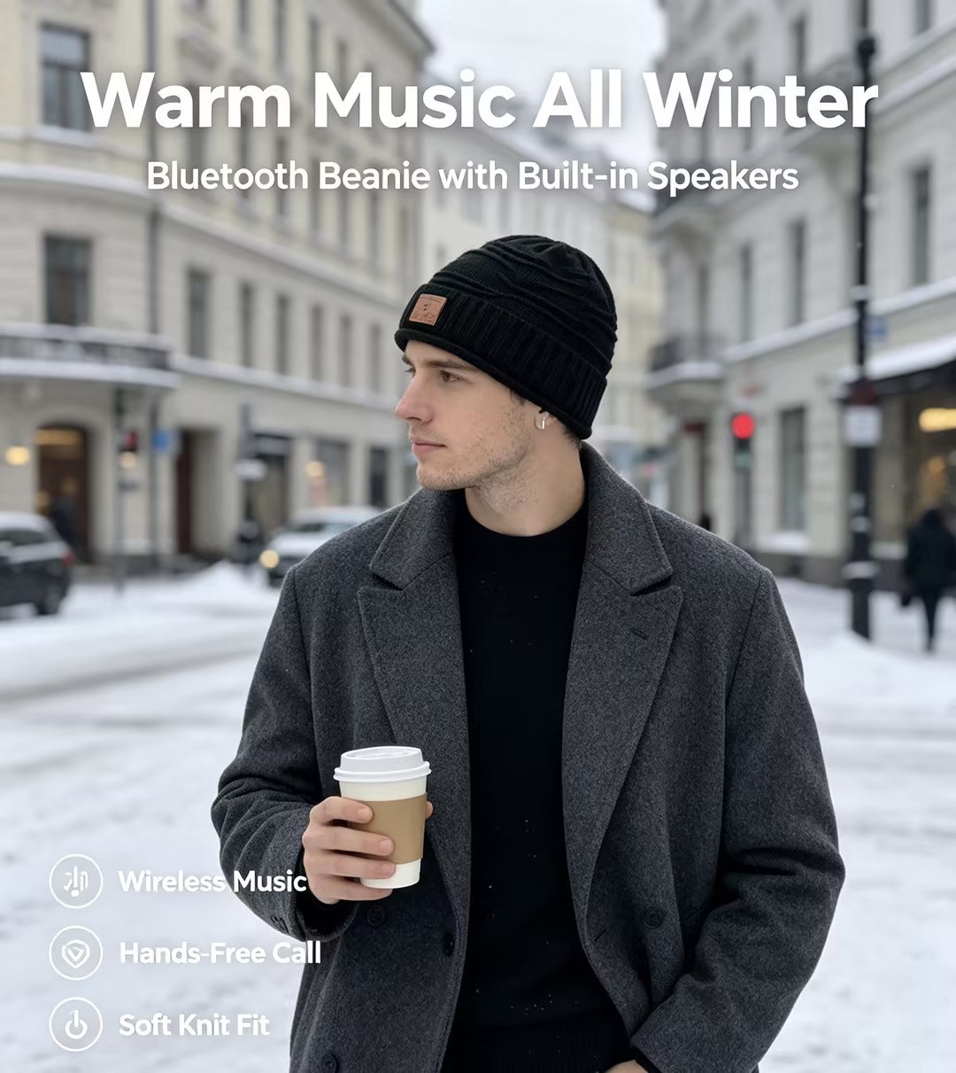 Black bluetooth knit beanie for men daily wear