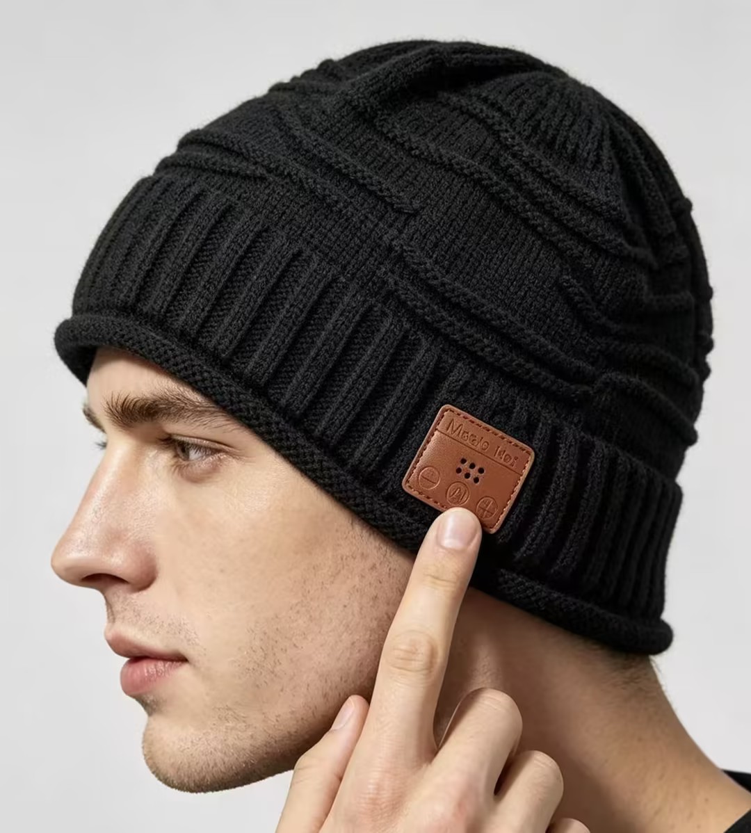 Black bluetooth music beanie side view